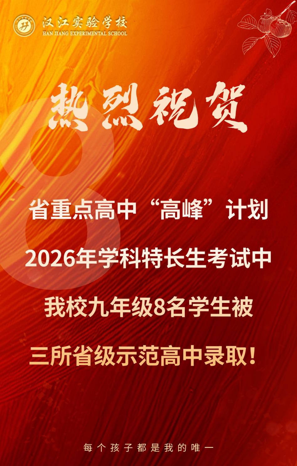 【荣誉时刻】 八名汉实学子被省重点高中“高峰”计划录取