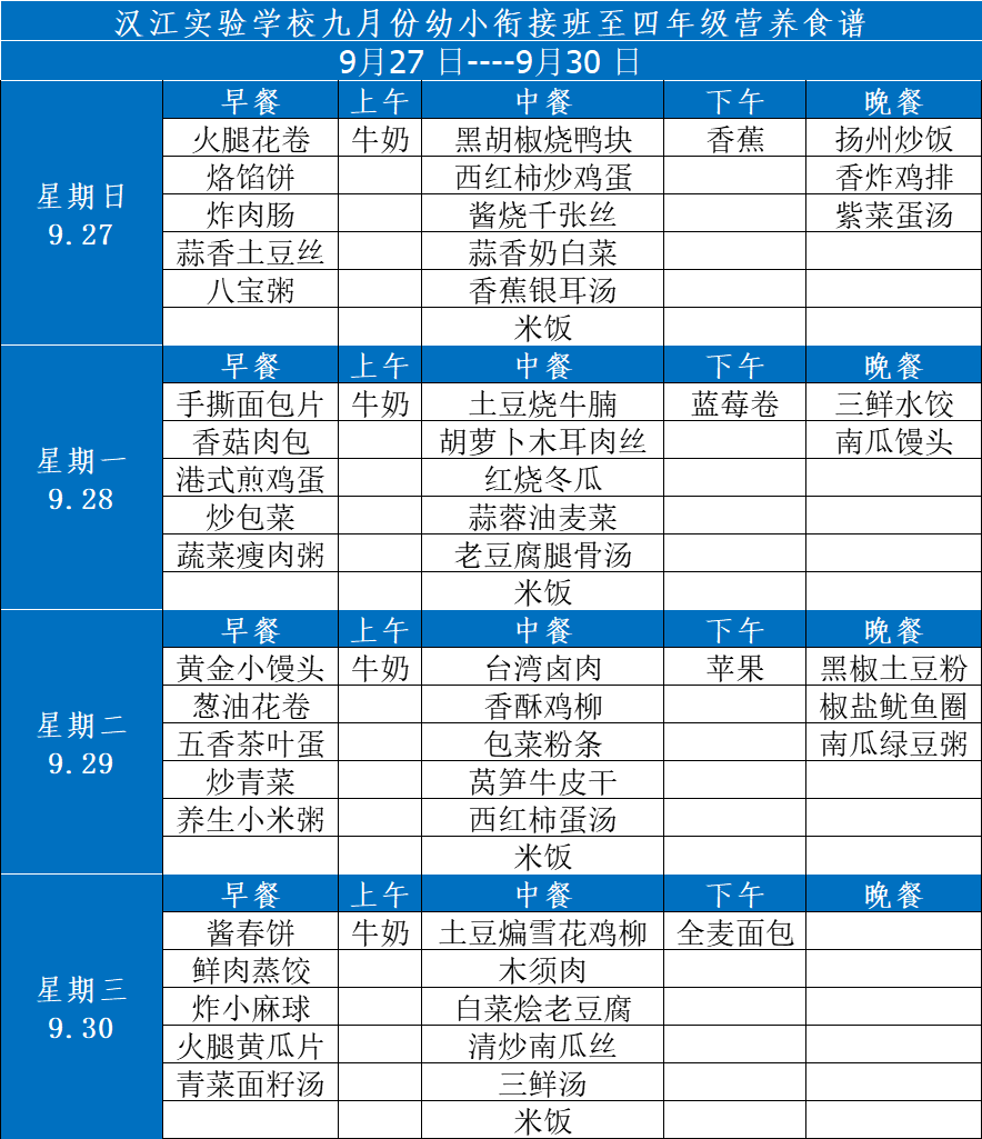 汉江实验学校2020年9月27日-30日学生食谱公示