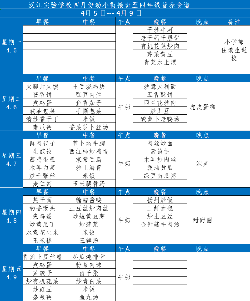 汉江实验学校2021年4月5日-2021年4月10日学生食谱公示