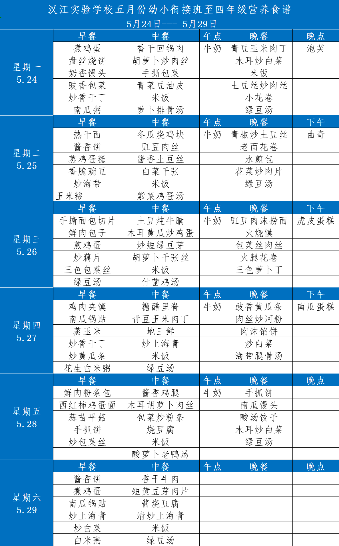 汉江实验学校2021年5月24日-2021年5月29日学生食谱公示