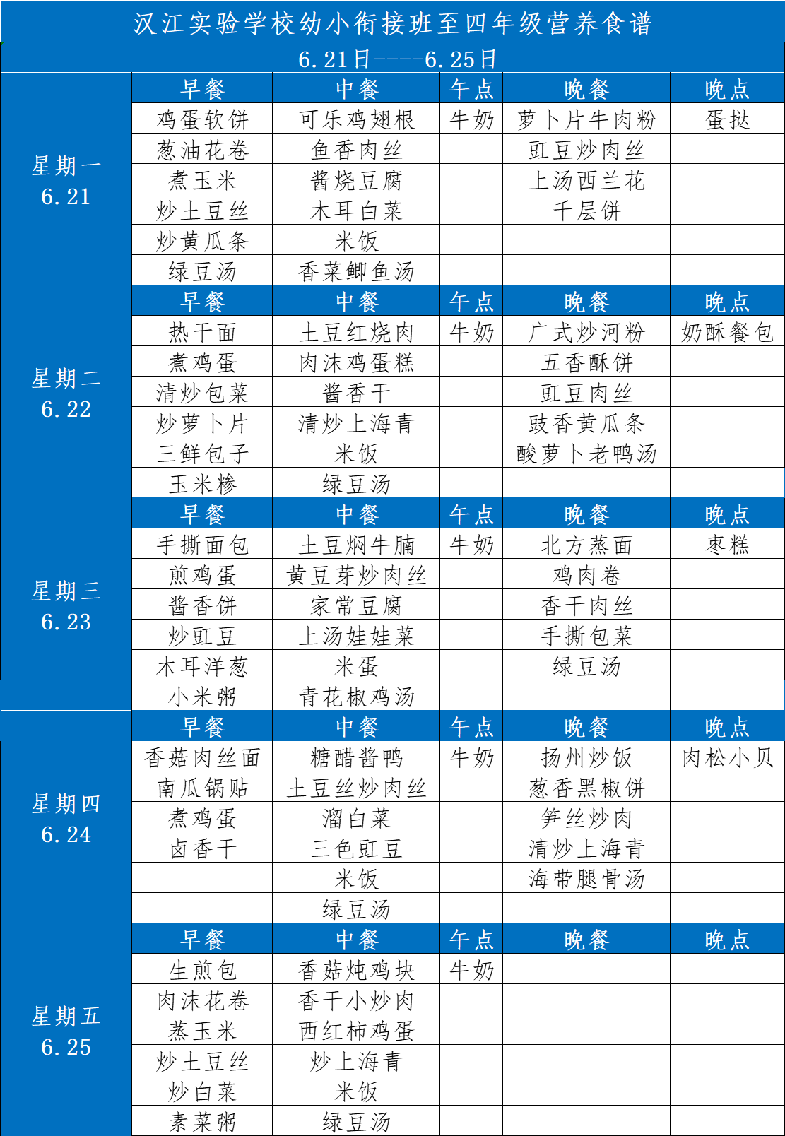 汉江实验学校2021年6月20日-2021年6月25日学生食谱公示