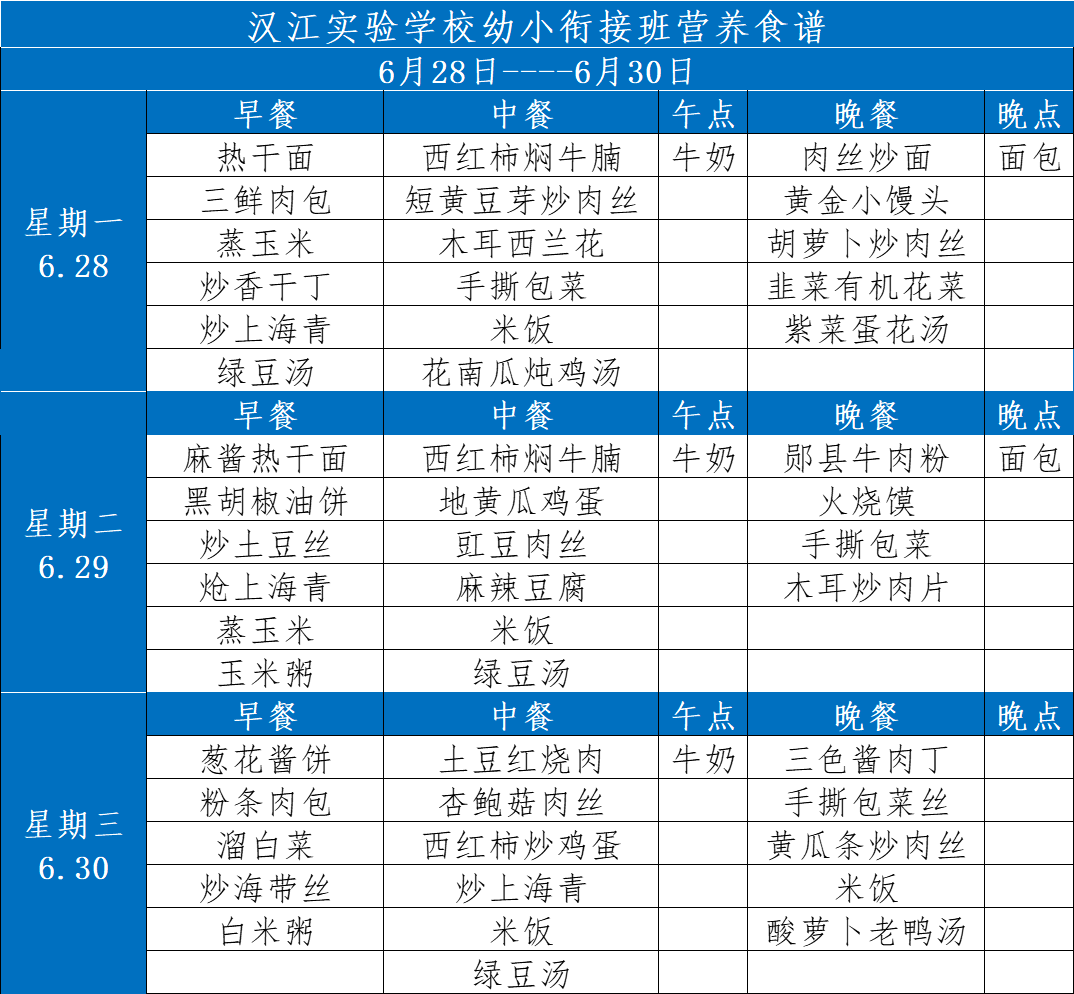 汉江实验学校2021年6月26日-2021年6月30日学生食谱公示
